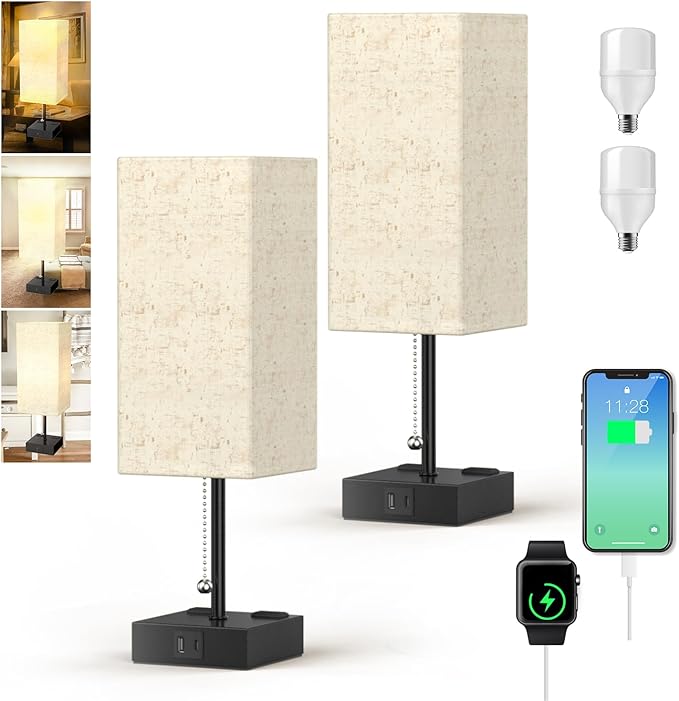Table Lamp for Bedroom with USB,Bedside Lamp with USB C+A Charging Ports,Adjustable 3color LED Light for Home Decor/Nightstand/Office,Included Bulb and Fabric Lamp Shade (Linen White, 2PCS) - Bloomnest