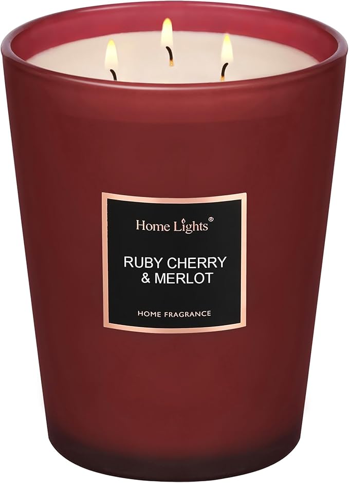 HomeLights Scented Candles - Large Jar Aromatherapy, Natural Soy Wax, 130 Hour Long Burning, Ruby Cherry & Merlot - Bloomnest