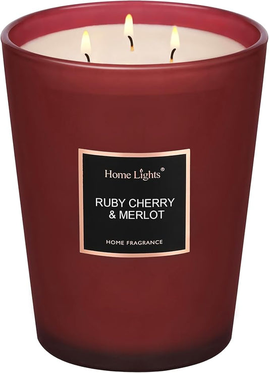 HomeLights Scented Candles - Large Jar Aromatherapy, Natural Soy Wax, 130 Hour Long Burning, Ruby Cherry & Merlot - Bloomnest