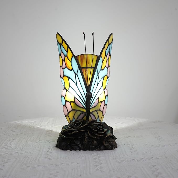 Small Tiffany Butterfly Table Lamp for Girls Bedroom Kids Bedside Desk Light Sky Blue Yellow and Pink Stained Glass Lamp Vintage Unique Style Decor Nightstand Accent Night Light Office Mothers Gifts - Bloomnest
