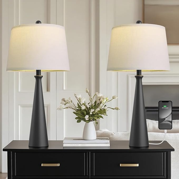 Oneach 25.75" Modern Table Lamp Set of 2, Bedside Lamps with USB Ports, Black Nightstand Lamps Set for Living Room Bedroom House Bedside Home Office Family - Bloomnest