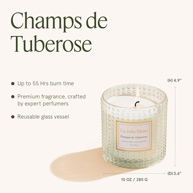 LA JOLIE MUSE Champs de Tuberose Scented Candle - Ylang, Tuberose, Orange Blossom | 10 oz Natural Soy Wax | 55 Hours Clean Burn | Floral Scented Candle | Gift-Ready for Hosts & Gatherings - Bloomnest