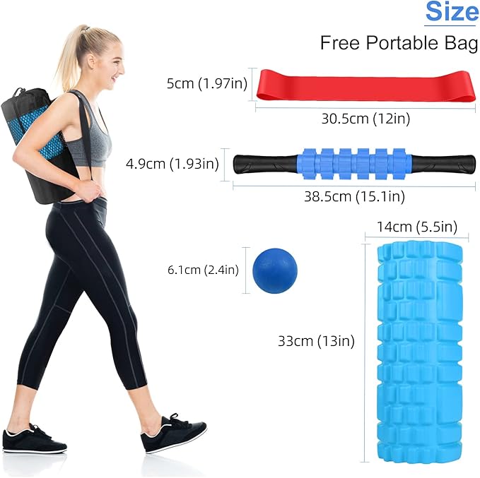 5 in 1 Foam Roller Set Includes Hollow Core Massage Roller, Yoga Stick, Massage Ball, Fitness Stretching Strap, Massage Roller, Carrying Bag, Towel (Blue) - Bloomnest