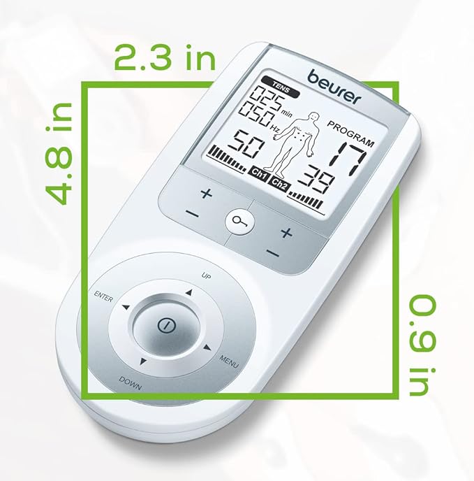 Beurer EM44 TENS Unit Muscle Stimulator with 50 Intensity Levels for Muscle Pain Relief, Muscle Stimulator Includes 4 Electrode TENS Pads, Belt Clip, and Batteries with Tens Machine BeurerNorthAmerica