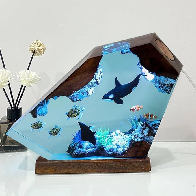 Orca Ocean Resin Lamp, Handmade Wooden Table Resin Night Light, USB Port Art Ornaments for Home Office Decor, Scuba Diver Gifts for Birthday Holiday, Unique Thanksgiving Day and Christmas Gifts - Bloomnest