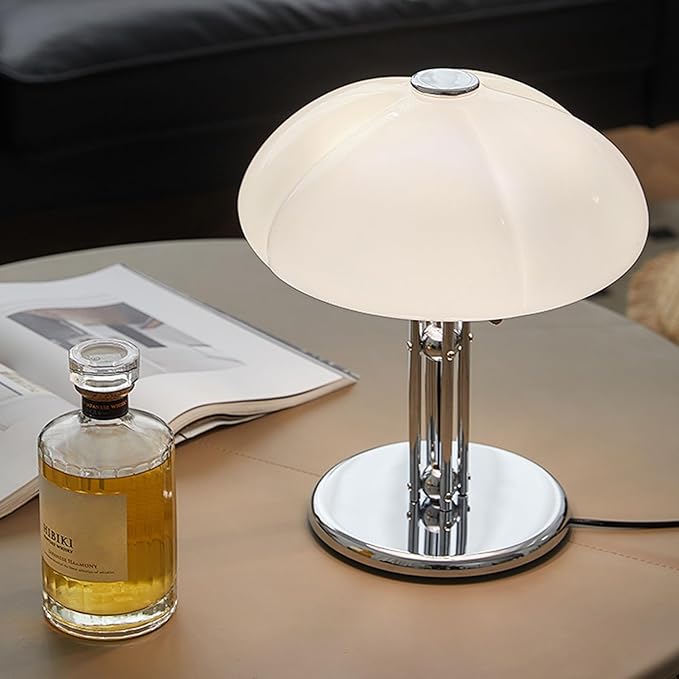 White Mushroom Table Lamp,Dimmable Glass Desk Light with Chrome Base,Bauhaus Office Light Fixture,Mid Century Modern Desk Lamp for Living Room Bedroom and Study Room - Bloomnest