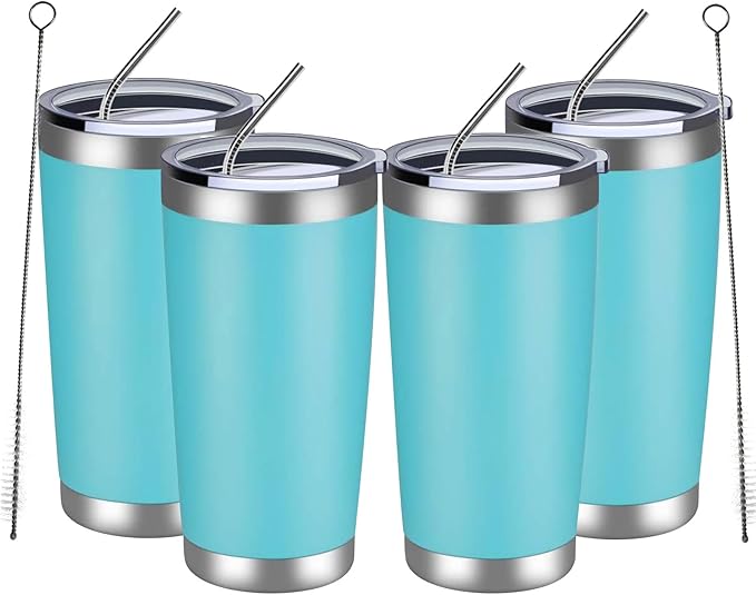 MEWAY 20oz Tumbler 4 Pack Double Wall Vacuum Insulated Travel Mug Bulk, Stainless Steel Tumblers with Lid and Straw, Durable Powder Coated Coffee Cups for Cold & Hot Drinks (Light Blue, 4) - Bloomnest