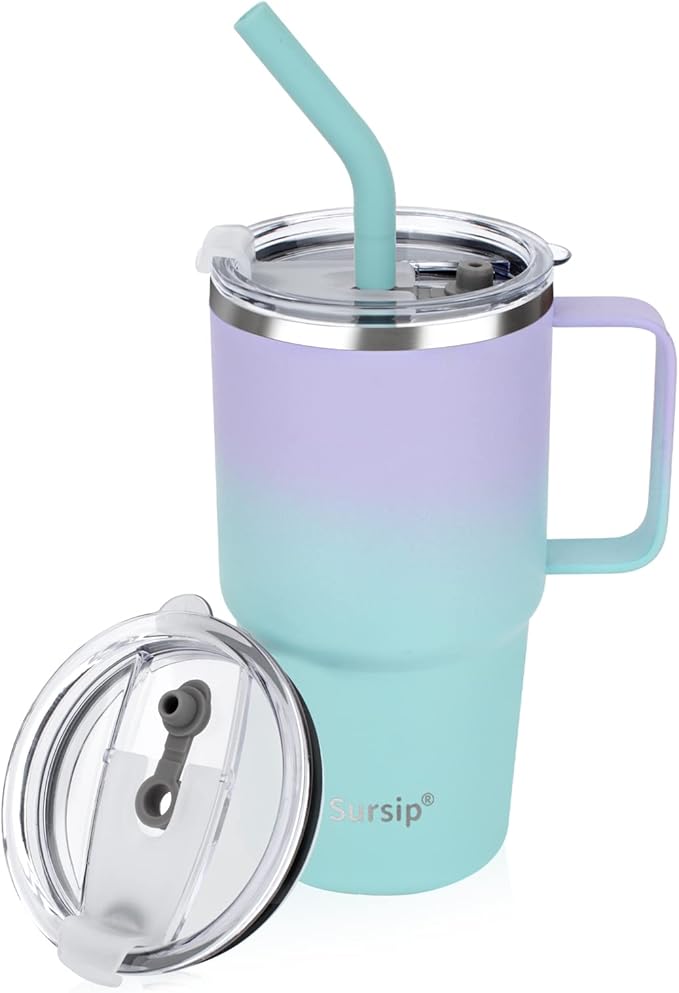 Sursip Kids 24 oz Insulated Cup with Handle, Toddler Double Wall Vacuum Stainless Steel Tumbler with Straw and 2 Lids, For Cold/Hot Drinks, School Mug for Toddler Girls and Boys (PurpleBlue-1 Pack) - Bloomnest