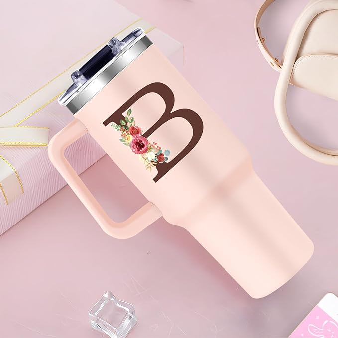 Monogrammed 40oz Tumbler with Handle for Women, Personalized Birthday Gifts for Women,Initial Cups for Girl Floral Letter B,Customized Gifts for Woman Lady Gift for Mothers Day Christmas - Bloomnest
