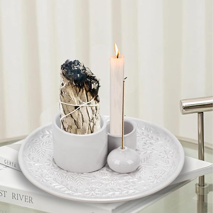 Ceramic Incense Holder Set with Decorative Tray, White, Intricate Pattern Design, 5.9x5.9x2 Inch, for Sticks, Cones, Palo Santo, Sage (White) - Bloomnest