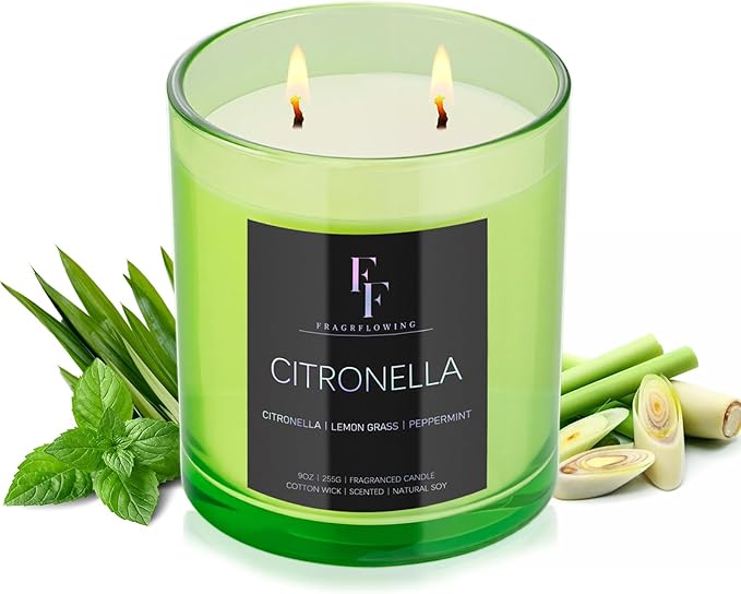 Citronella Candles Outdoor, 2-Wick Outdoor Indoor Scented Candle, Jar Candles for Home Scented, Long Lasting Natural Soy Candle, Summer Scents of Citronella/Lemon Grass/Peppermint, 9 oz - Bloomnest