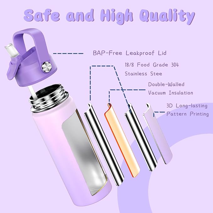 18oz Kids Insulated Water Bottle with Straw Lid - 18/8 Stainless Steel Kid Cup Travel Tumbler Double Wall Vacuum Leak Proof Portable Toddler Water Bottle (Pink+Purple） - Bloomnest
