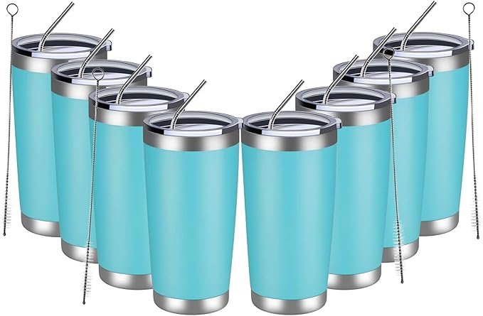 MEWAY 20oz Tumbler 8 Pack Double Wall Vacuum Insulated Travel Mug Bulk, Stainless Steel Tumblers with Lid and Straw, Durable Powder Coated Coffee Cups for Cold & Hot Drinks (Light Blue, 8) - Bloomnest