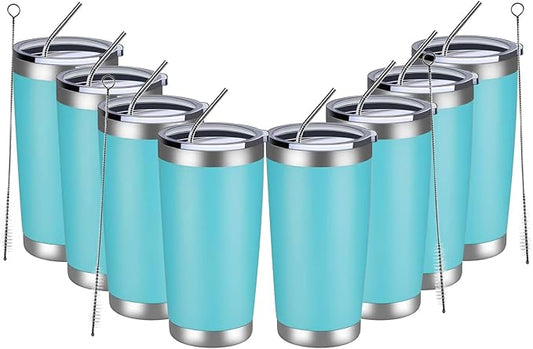 MEWAY 20oz Tumbler 8 Pack Double Wall Vacuum Insulated Travel Mug Bulk, Stainless Steel Tumblers with Lid and Straw, Durable Powder Coated Coffee Cups for Cold & Hot Drinks (Light Blue, 8) - Bloomnest