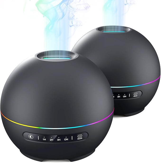 2 Pack Essential Oil Diffuser for Home - 200ml Ultrasonic Aromatherapy Diffuser with 4 Timers & 7 Colors Night Lights, 20dB Quiet Working for 10 Hours (Black+Black) - Bloomnest