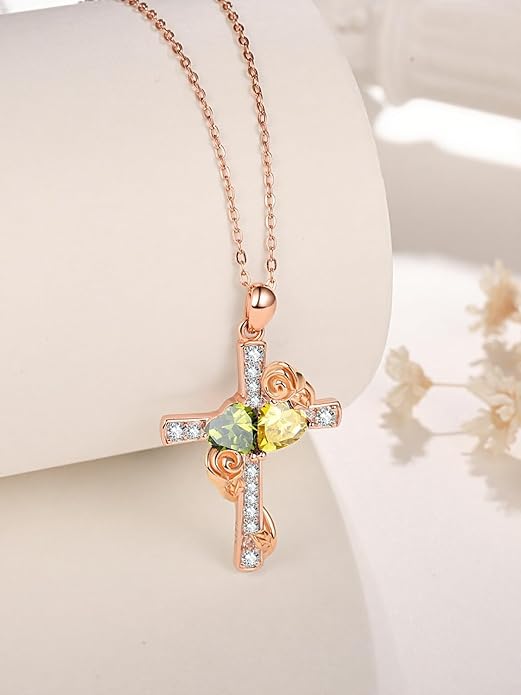 Rose Gold Dual Birthstones Cross Necklace for Women Rose Flower Jewelry Anniversary Christmas Mother's Valentine's Day Birthday Gift for Wife Girlfriend Mom - Bloomnest