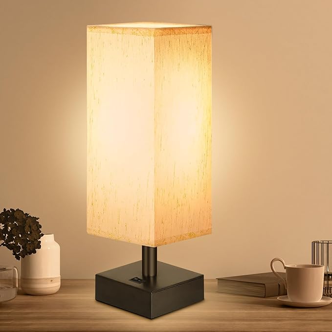 Small Lamp for Bedroom, Bedside Lamps for Night Stands, Mini Minimalist Table Lamp With Square Flaxen Fabric Shade, 11 Inch Desk Reading Lamp for Dorm Living Room Office, 1 Pack - Bloomnest