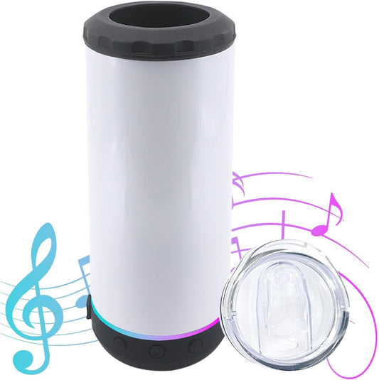 1 Pack 16oz Sublimation Music Bluetooth Speaker Blank Tumblers Stainless Steels Insulated 4 in 1 Can Cooler Beer Holder with Lid and Straw Mix Colors Metal Slim Coozies for Drinks
