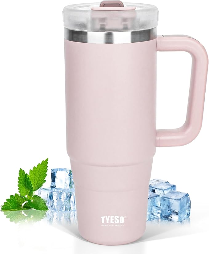 Tyeso 30 oz Tumbler with Handle, Straw and Lid - Leak Resistant Insulated Stainless Steel Water Bottle, Car Cup Holder Friendly Travel Coffee Mug Pink - Gifts for Men & Women - Bloomnest