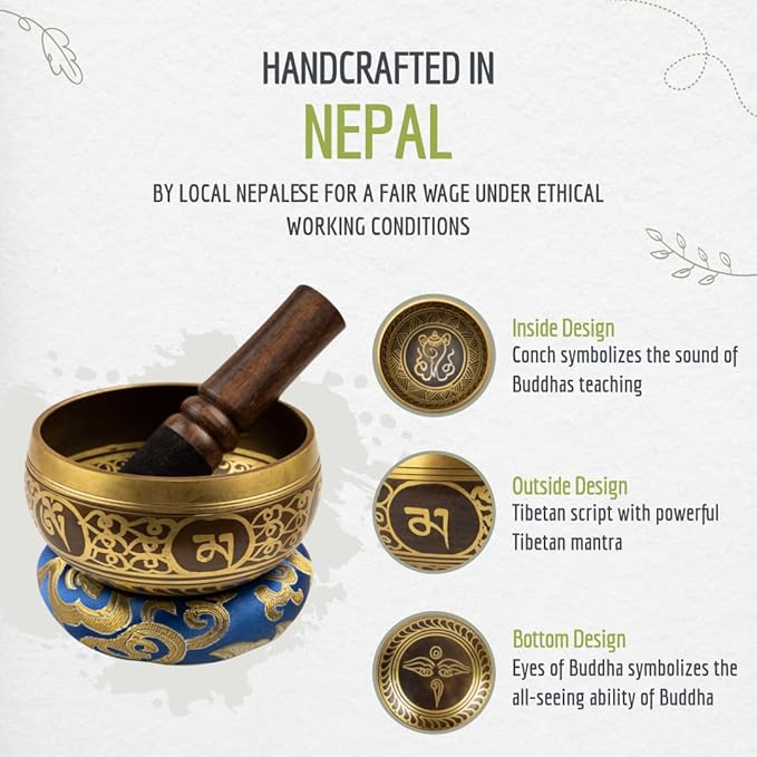 Tibetan Singing Bowl Set with Fabric Gift Case - Sound Bowl Meditation Set - Meditation Bowl - Handcrafted in Nepal - Sound Healing Instrument - For Sound Bath, Reiki Supplies, Meditation Accessories