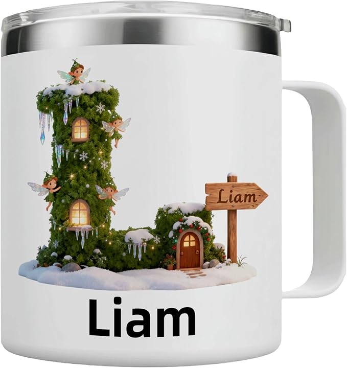 Personalized Fairy Mug | Custom Enchanted Initial Insulated Coffee Cup with Handle & Lid | 12oz Magical Holiday Tumbler,Gift for Girls & Kids (B31) - Bloomnest