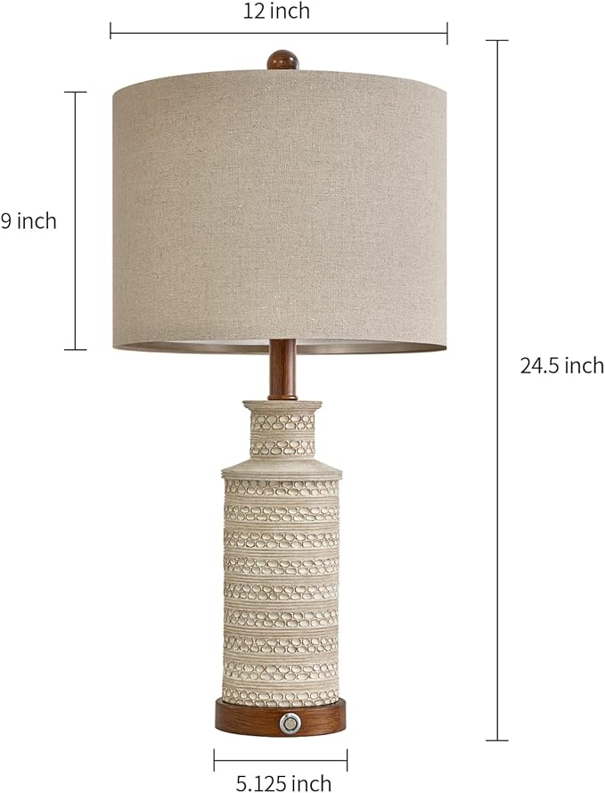 BOBOMOMO 24.5'' 3-Way Dimmable Touch Control Table Lamp Set of 2 with Dual USB Charging Ports for Bedroom Living Room Vintage Rustic Farmhouse Traditional Nightstand Bedside Lamps(Bulbs Included) - Bloomnest
