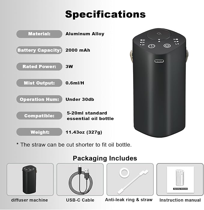 Waterless Essential Oil Diffuser with Handle, Scent Diffuser for Car Home Office Bathroom with Timer, Small Rechargeable Aromatherapy Diffuser, Portable Cordless Aroma Car Diffuser, Black - Bloomnest