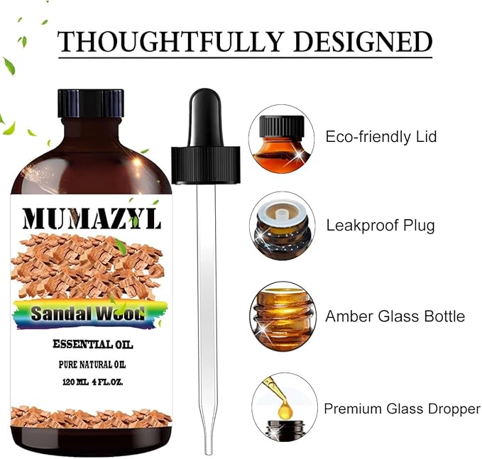 Sandalwood Essential Oil, Sandalwood Oil 4 Fl Oz 120ML for Diffuser Humidifier Yoga Cleaning DIY Candle Soap Making Essential Oils - Bloomnest