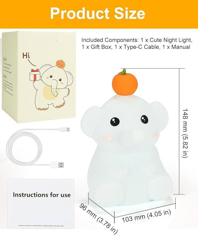 LED Night Light, Cute Squishy Elephant Lamp, Silicone Rechargeable Dimmable Nightlight for Nursery and Bedrooms, Elephant Gift for Women (White-Blue) - Bloomnest