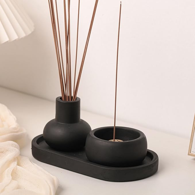 Concrete Incense Burner Set with Holder and Tray,Multifunction Incense Holder for Burning Sage,Palo Santo,Incense Sticks,Ideal for Meditation Home Decor(Black) - Bloomnest
