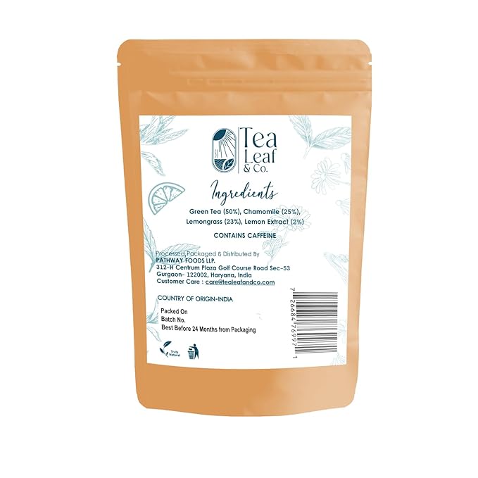 Tealeaf & Co. Chamomile Green Tea Loose Leaf with Lemon Extract and Lemongrass - Chamomile Tea - Contains Low Caffeine - Upto 50 Servings - Gluten Free (3.52oz/100gm) - Bloomnest