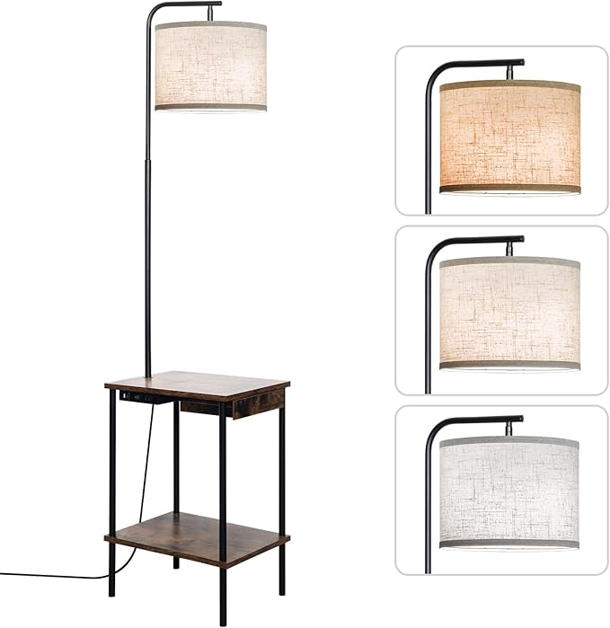 Floor Lamp with Table & Drawers, End Table Lamp with USB Charging Portt Power Outlet and Shelves, Side Table Reading Light with 3 Color Temperature Led Bulb Included for Living Room, Yellow - Bloomnest
