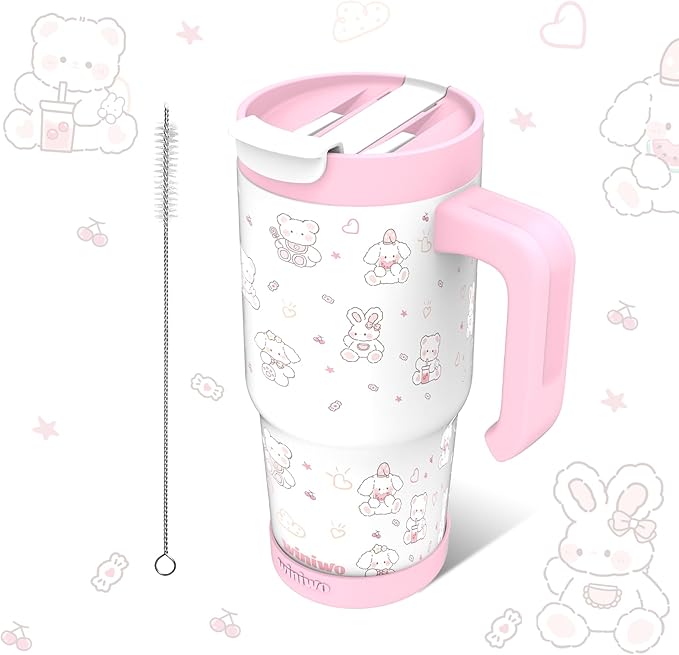 22 oz Tumbler with Handle for Kids, Easy to Hold, Spill-proof, Insulated Cups with Sip/Swig 2-in-1 Lid, Fit Most Car Cup Holders,School, Home,travel,Pink Rabbit - Bloomnest
