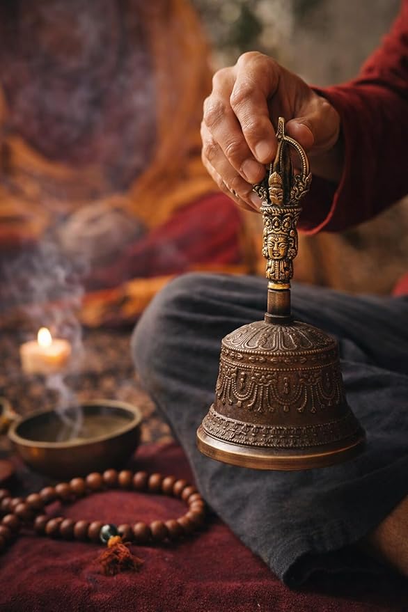 Tibetan Dharma Object Bell and Bajra Set - Alter Pray Singing Bowl Hand Bell Handmade Buddhist Meditation Bell by Himalayan Bazaar (14cm x 7.3cm) HimalayanBazaar