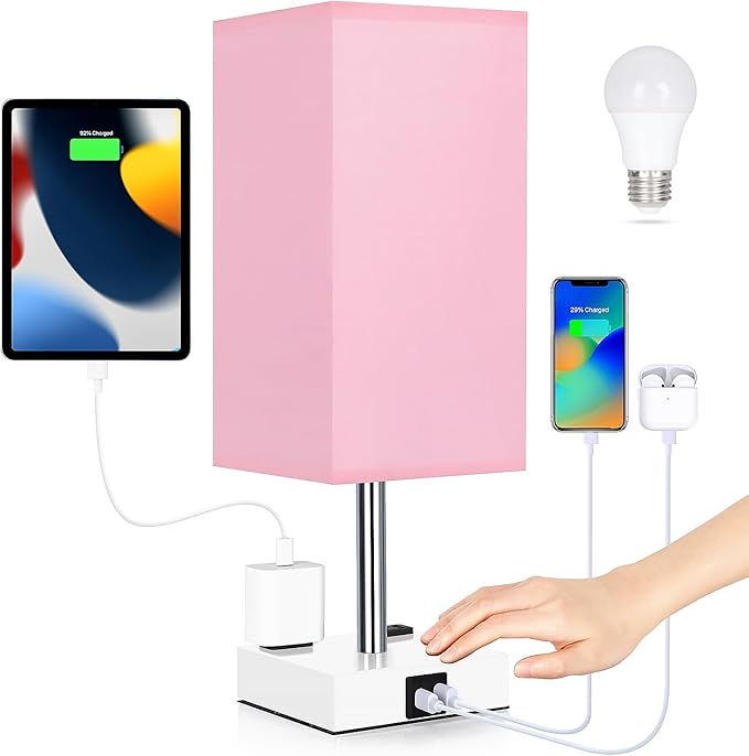 Bedside Lamp with USB Ports - Touch Control Table Lamp for Bedroom with USB C+A Charging Ports & AC Outlets, 3 Way Dimmable Nightstand Light with White Base for Living Room (LED Bulb Included, Pink) - Bloomnest