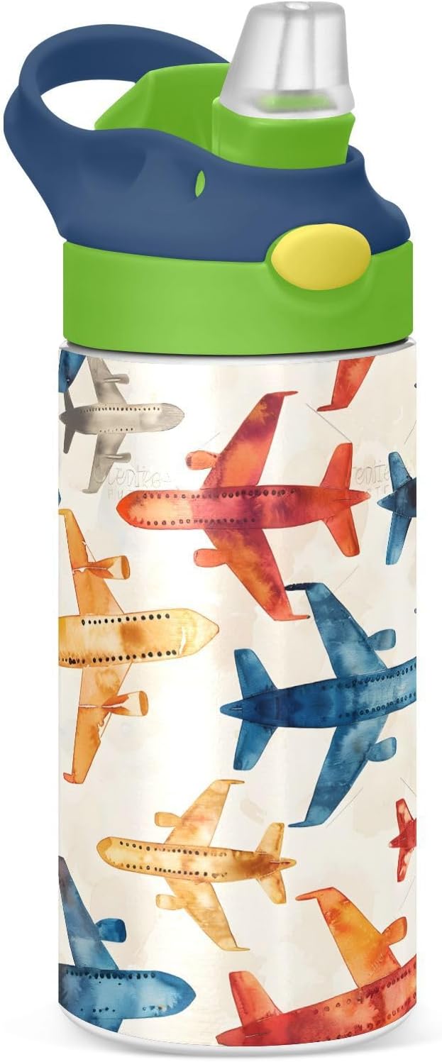 Rainbow Airplane Childish Doodle Kids Water Bottle with Straw Lid Insulated Tumbler with Handle Stainless Steel Reusable Toddlers Cup for Kids Boys 12 oz - Bloomnest