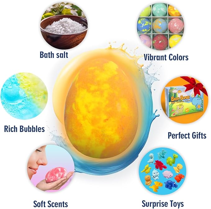Bath Bombs for Kids with Surprise Toys Inside, 12 Pack Natural Dino Egg Bath Bombs with Dinosaur Suction Cup Toys, Bubble Bath Fizzers Ball Gift Set for Boys Girls Birthday, Summer Fun - Bloomnest