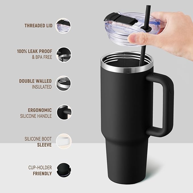 40 oz Tumbler With Handle and Straw Lid, Vacuum Insulated Travel Coffee Mug Stainless Steel Insulated Cup for Beverages, Leak-proof, Cupholder Friendly (Black) - Bloomnest