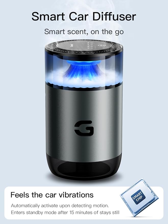 Smart Car Air Freshener Diffuser, Waterless Essential Oil Diffuser with 4 Modes, 4 Scent Refills, Auto On/Off, USB - C Rechargeable Wireless, Ambient Light for Home/Car (5502-Gunmetal Grey) - Bloomnest