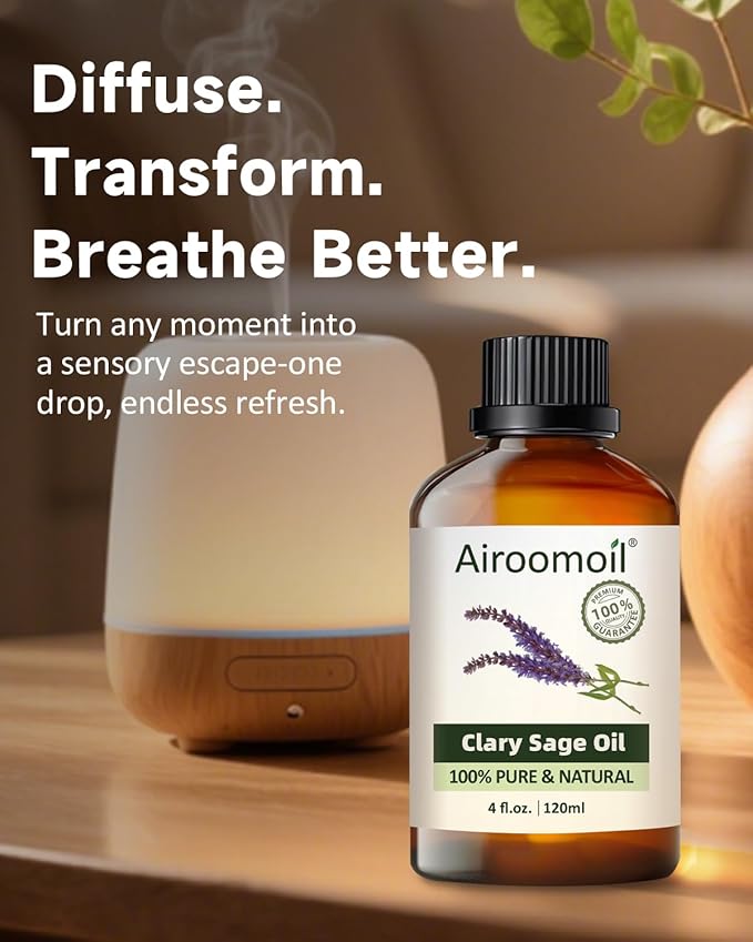 Clary Sage Essential Oil 4 fl oz, 100% Pure Clary Sage Oil with Herbal and Soft Floral Aroma for Diffuser Use, Aromatherapy Suitable for DIY Blends, Everyday Scent Experiences Airoomoil