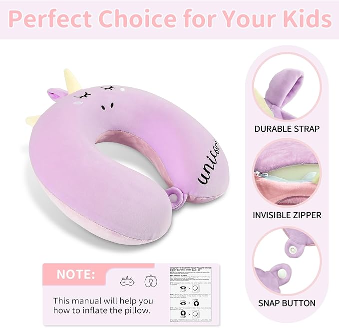 Neck Travel Pillow for Kids, Unicorn Airplane Memory Foam Pillow with Cute Sleep Mask & Earplugs, Lightweight Travelling Sleeping Pillow Set for Car, Train, Bus and Home Use (Purple) - Bloomnest