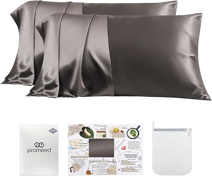 PROMEED 100% Silk Pillowcase 2 Pack, Zipper Closure, 23 Momme 3rd Gen Grade 6A+ Mulberry Silk Pillow Case Set of 2, Real Silk Pillow Cases for Hair and Skin (King 20"x36", Grey) - Bloomnest