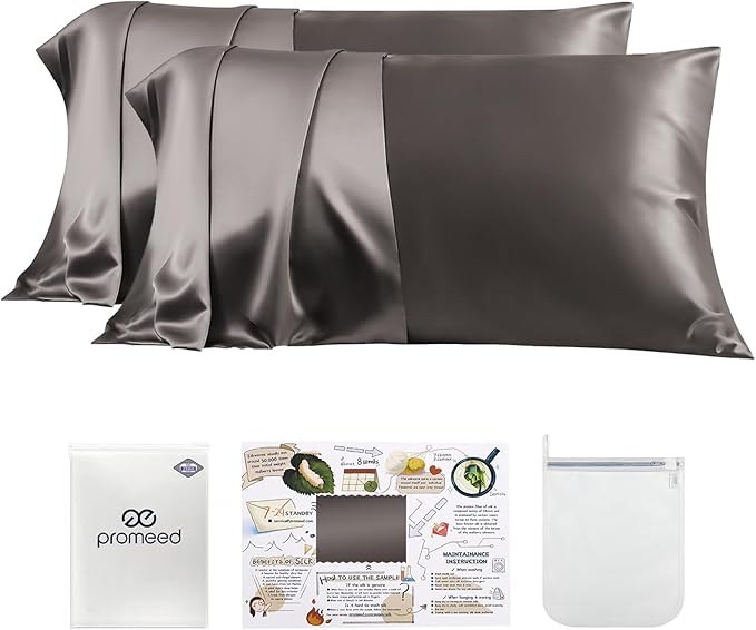 PROMEED 100% Silk Pillowcase 2 Pack with Zipper, Both Sides Premium Mulberry Silk Pillow Cases Set of 2 for Hair and Skin, Anti BedHead, Anti Frizz (Standard 20"x26", Grey) - Bloomnest