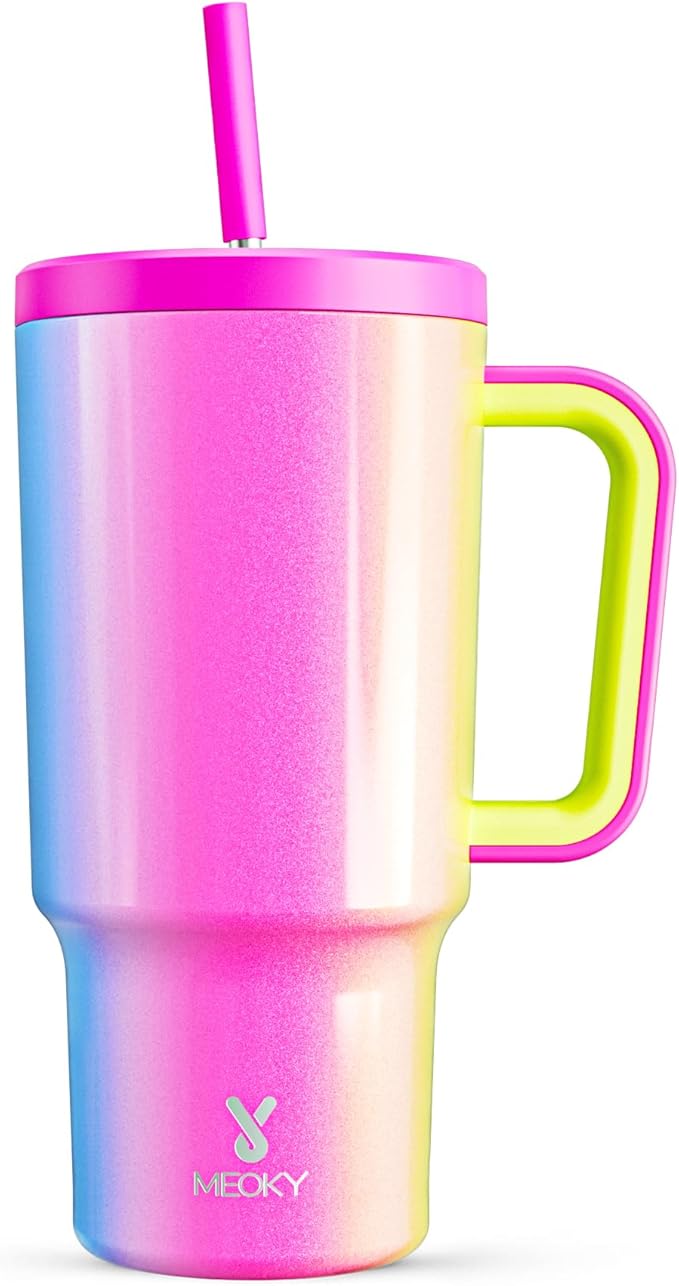 Meoky 30 oz Tumbler with Handle, Tumbler with Lid and Straw, Insulated Stainless Steel Travel Mug, 100% Leak-proof, Cupholder Friendly, Keeps Cold for 24 Hours or Hot for 8 Hours (Carnival) - Bloomnest
