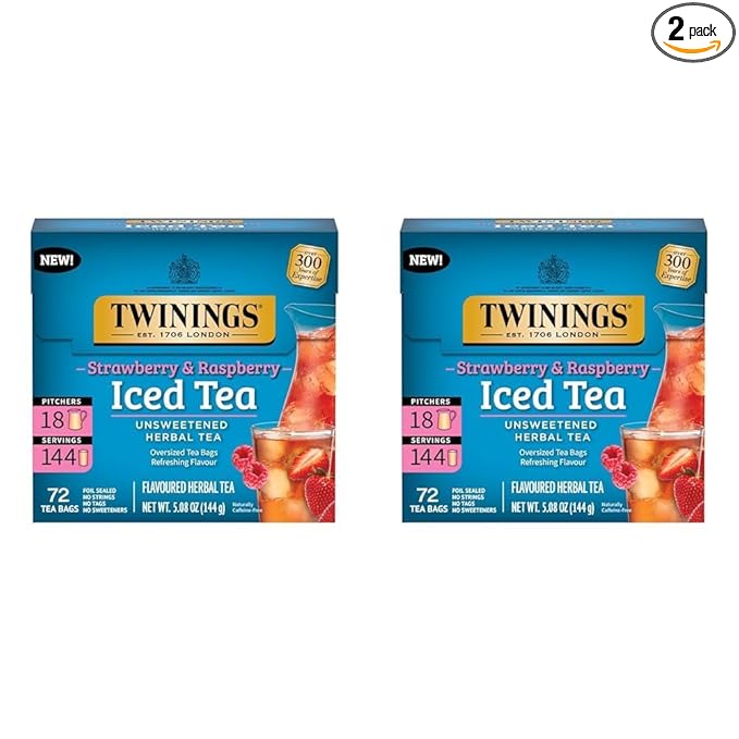 Twinings Strawberry & Raspberry Herbal Iced Tea, 72 Oversized Tea Bags, Makes 18 Pitchers or 144 Servings, Unsweetened, Naturally Caffeine-Free, 72 Count (Pack of 2) - Bloomnest