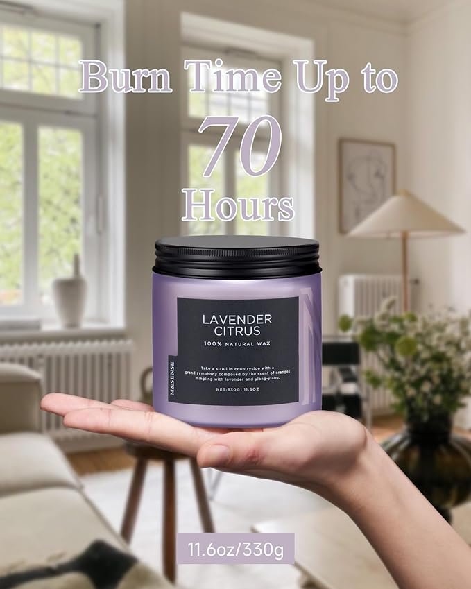 M&SENSE Soy Candles for Home Scented, 11.6oz Lavender Citrus Scent Aromatherapy 70H Burn Time, Stress Relief Gifts for Mom Girlfriend Teacher, Medium Jar Candle for Spa, Bath, Yoga - Bloomnest