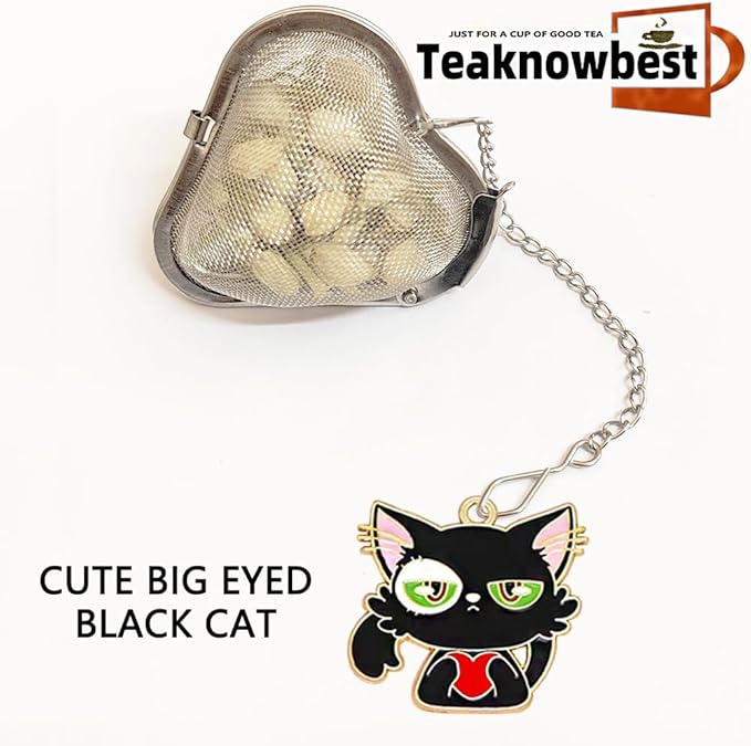 Tea infusers, loose tea strainer, Heart shaped tea ball + cute animal pendant, reusable tea steeper makes afternoon tea meaningful (Big eyed Cat, 2PCS) - Bloomnest