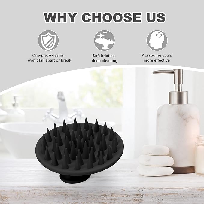 Meartchy Silicone Scalp Massager Shampoo Brush, Scalp Brush for Hair Growth & Dandruff Removal, Hair Scrubber Scalp Stimulator Exfoliator Brush with Soft Bristles for Wet Dry Scalp Care (Black) Meartchy