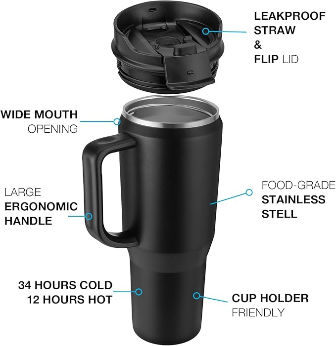 40 oz Tumbler with Handle, Insulated Tumblers with Lid and Straw, Large Metal Sports Water Bottle Jug, Thermal Stainless Steel Travel Coffee Mug Cup, Black - Bloomnest