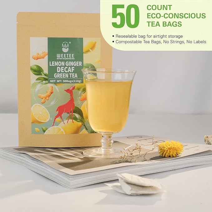 WT WEETEE Lemon Ginger Decaf Green Tea Bags 50 Counts, Made of Decaffeinated Green Tea, Ginger & Natural Lemon Flavor, Clean & Fresh - Bloomnest